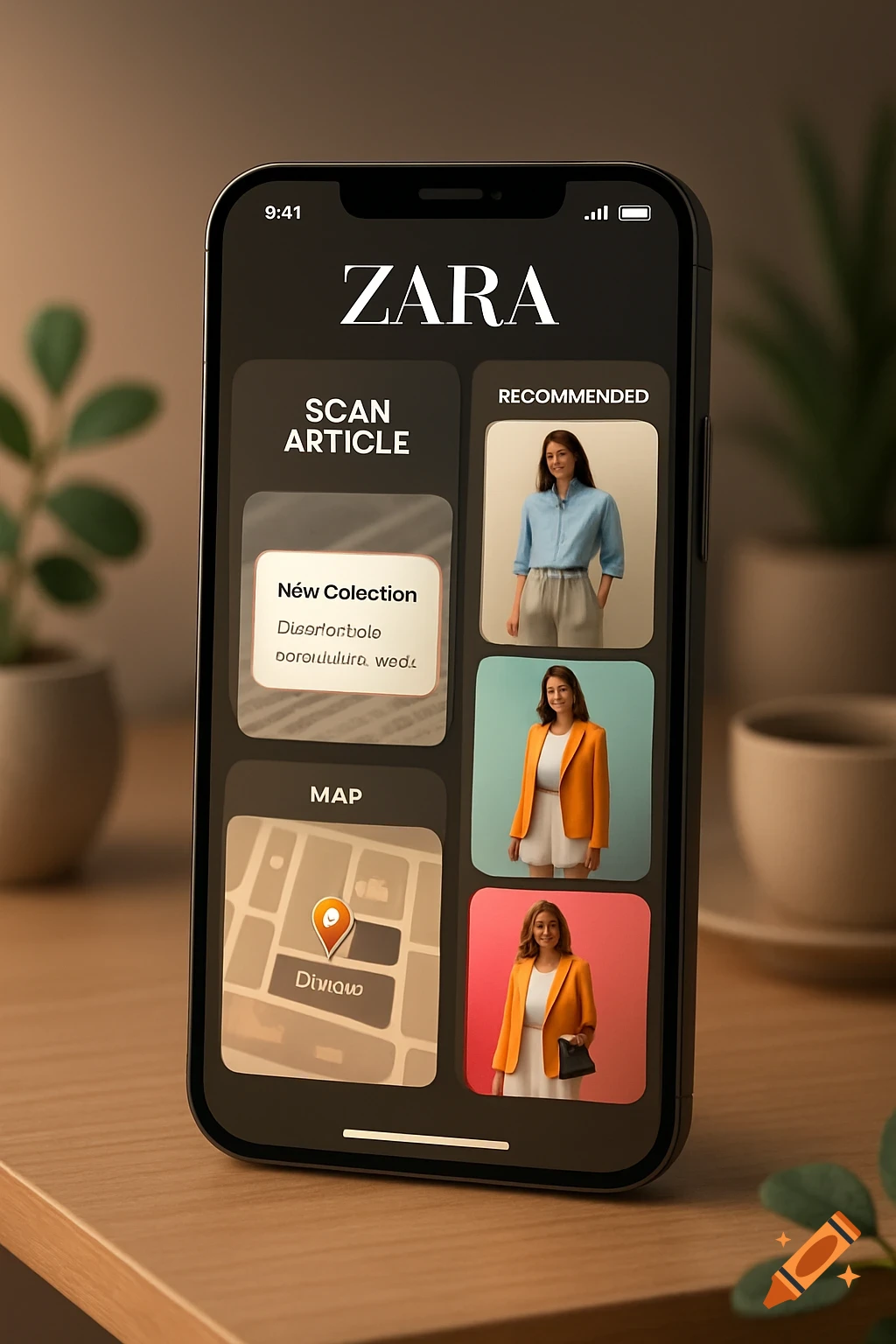 A smartphone displays a Zara app interface with sections for scanning articles, recommended outfits with models, and a map feature, on a wooden surface with blurred plants in the background.