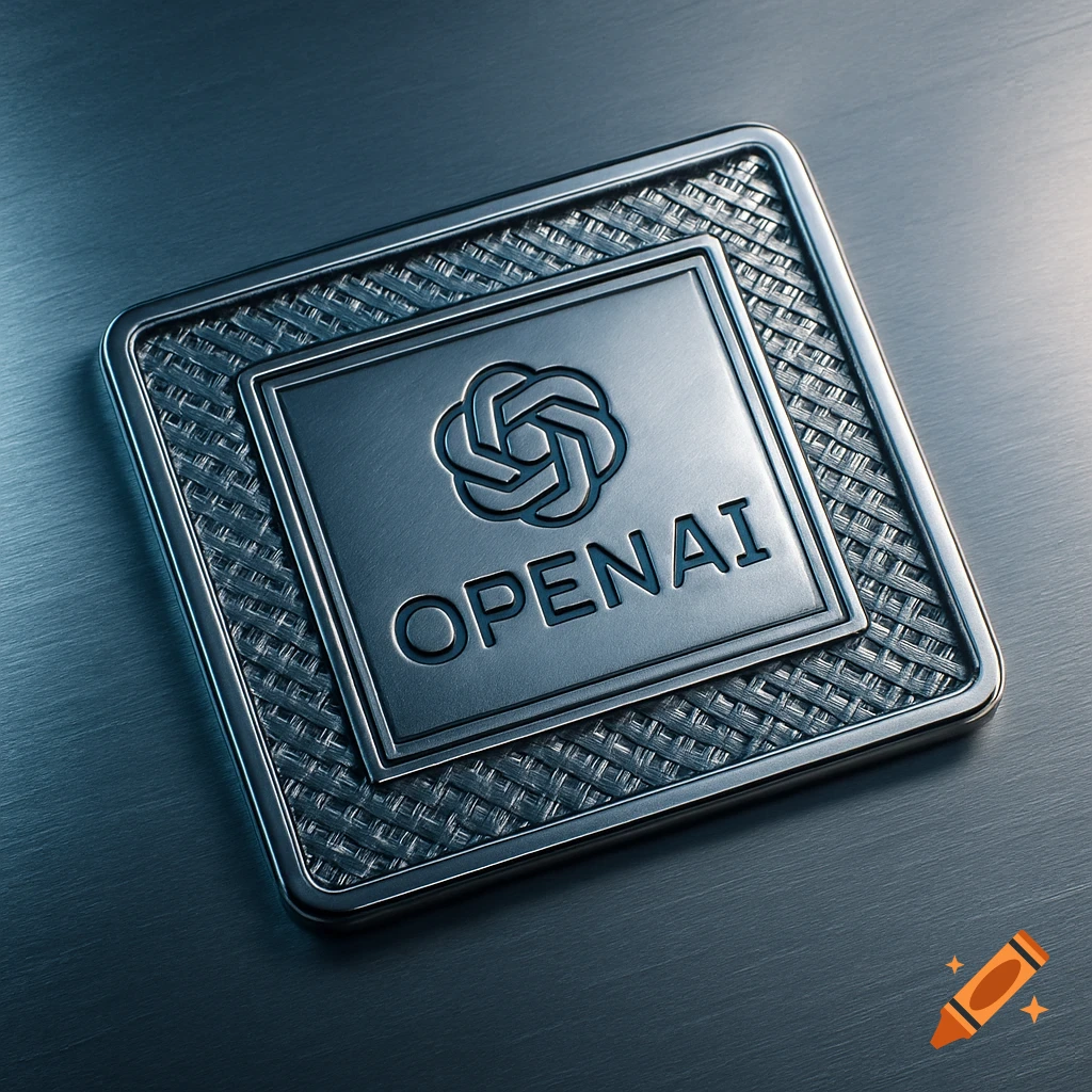 A metallic emblem features the OpenAI logo and name 'OPENAI' embossed on a woven texture, resting on a brushed metal surface.