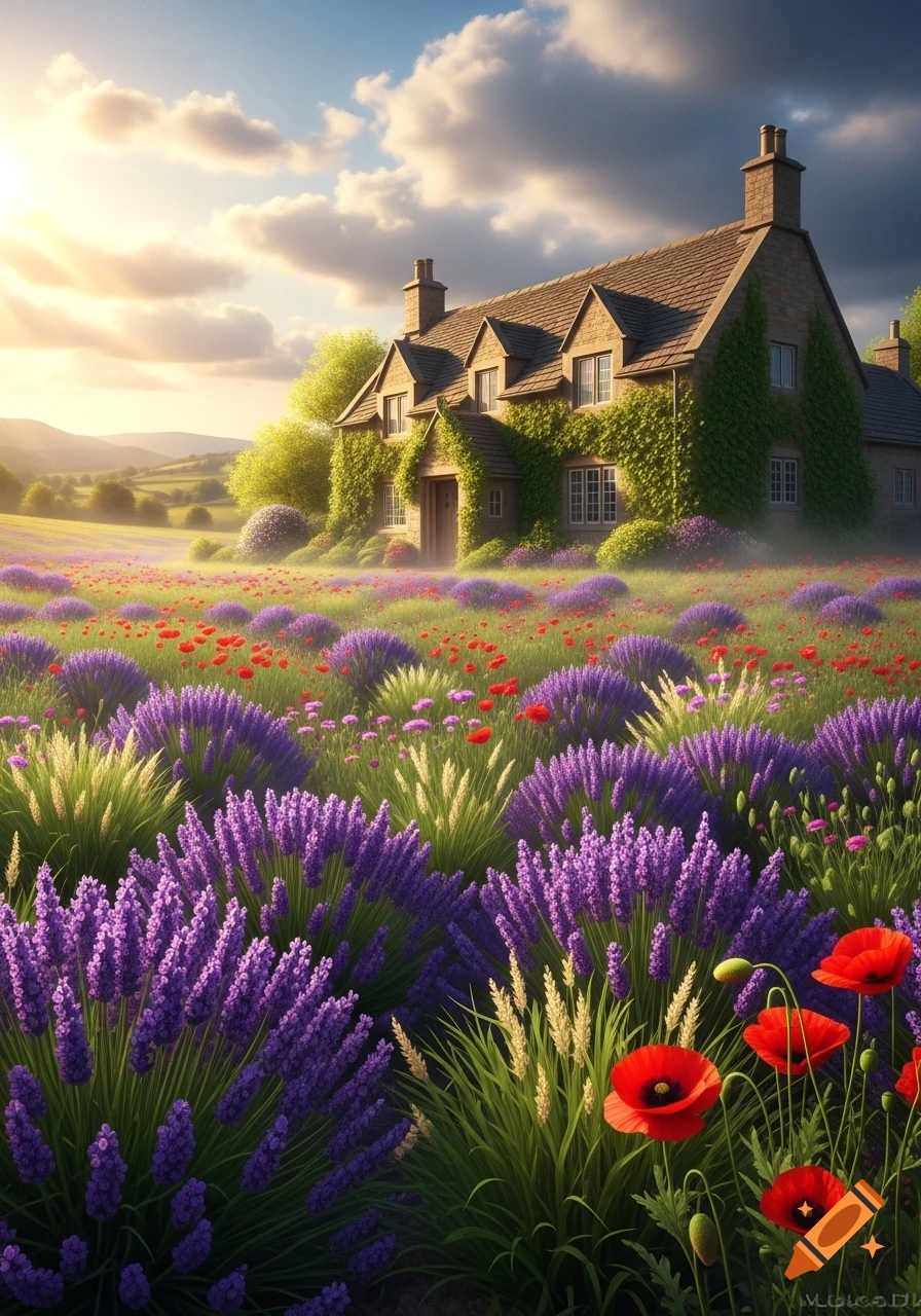 A charming stone cottage covered in ivy in a vibrant field of purple lavender and red poppies under a bright, cloudy sky.