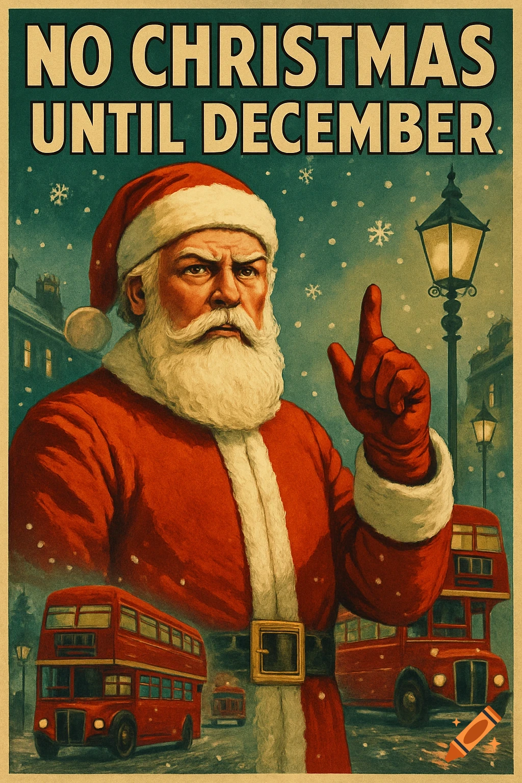 Vintage propaganda poster of a stern Santa Claus pointing up, with text "NO CHRISTMAS UNTIL DECEMBER" over a snowy London street with red buses.