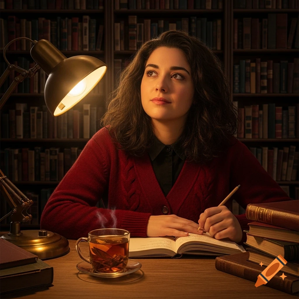 A woman with dark curly hair in a red cardigan writes in a notebook at a dimly lit desk with a steaming cup of tea and a lamp, with bookshelves in the background.