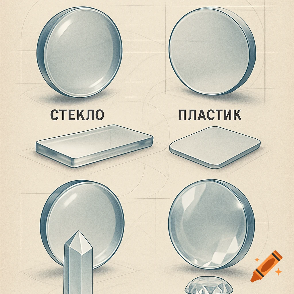Diagram illustrating different lens forms and materials like glass and plastic, with technical schematics.