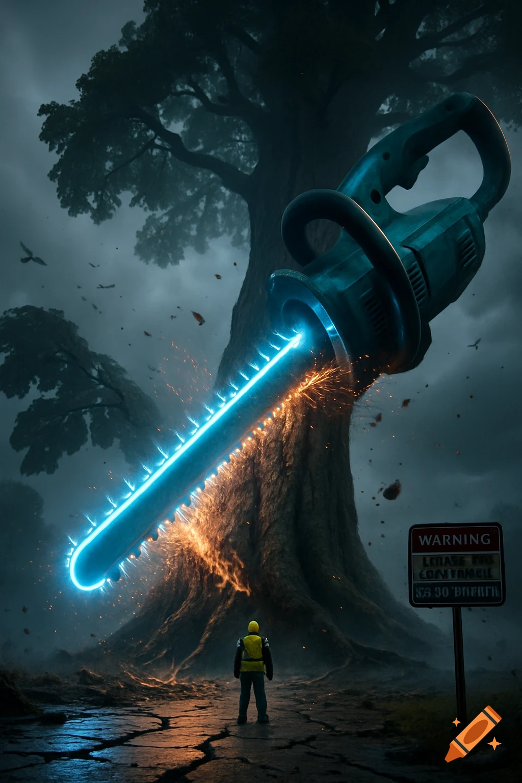A small person uses an enormous, glowing blue electric hedge trimmer to cut down a gigantic oak tree under a dark, foggy sky.