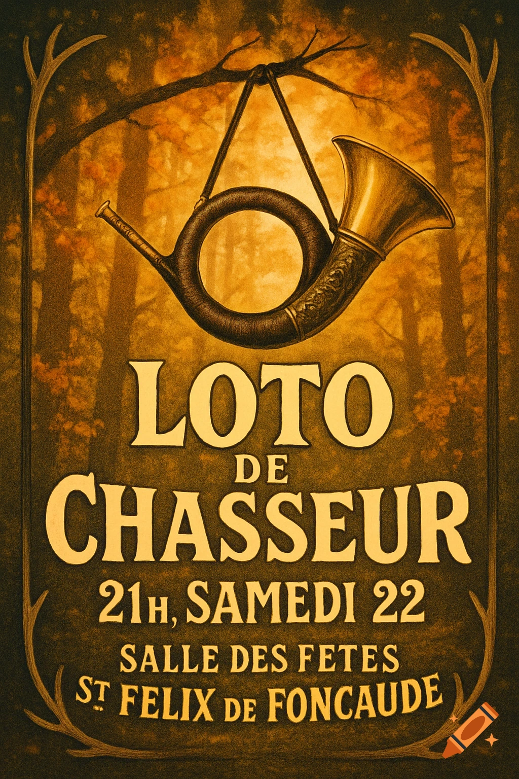 Vintage poster for a hunter's lottery featuring a hanging hunting horn against an autumnal forest background with event details.