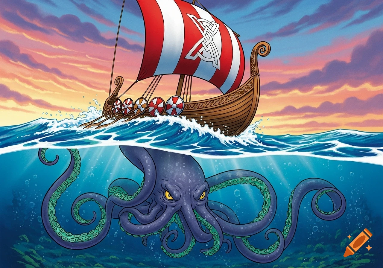 Cartoon Viking longship sails over a giant, angry kraken under a sunset sky.