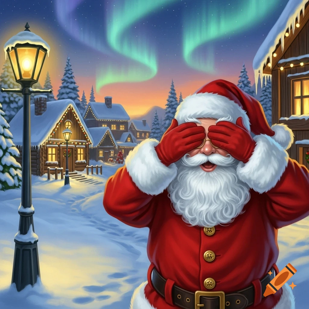 Illustrated Santa Claus covering his eyes in a snowy village under an aurora borealis sky with a lamp post.
