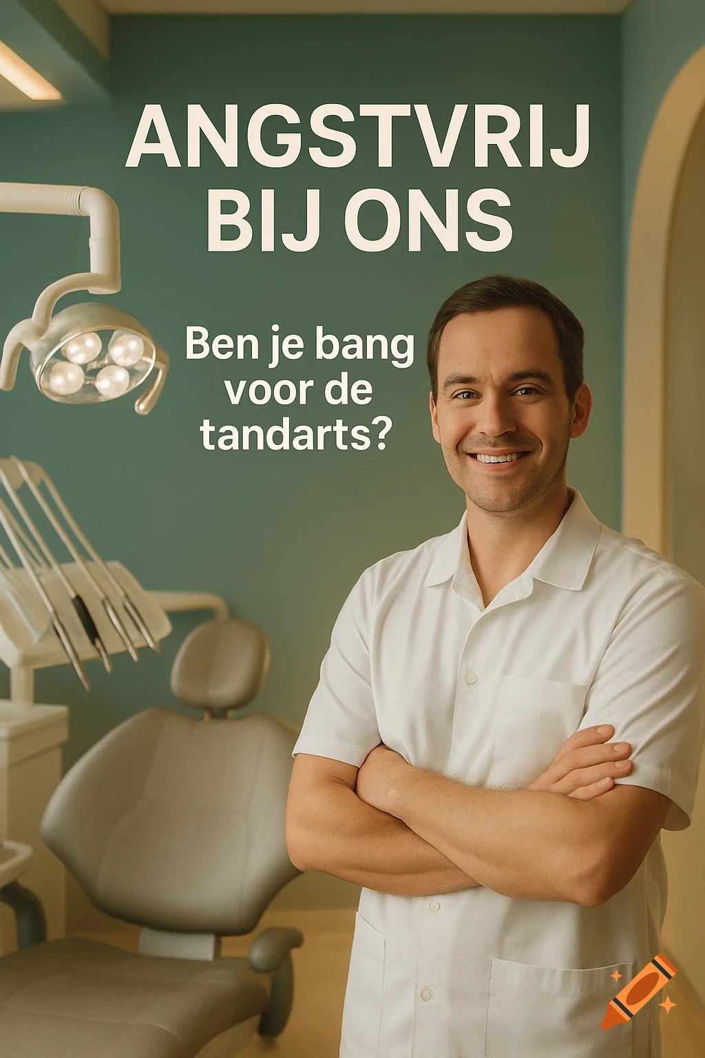 A smiling male dentist in a white coat with crossed arms in a modern dental office with text overlay.