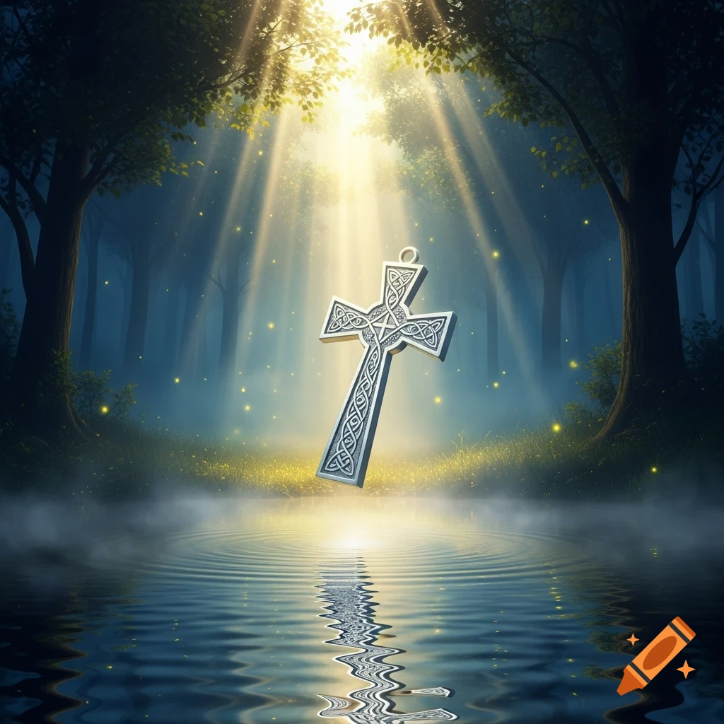 A stylized Celtic cross floats above tranquil water in a misty forest, illuminated by divine sun rays.