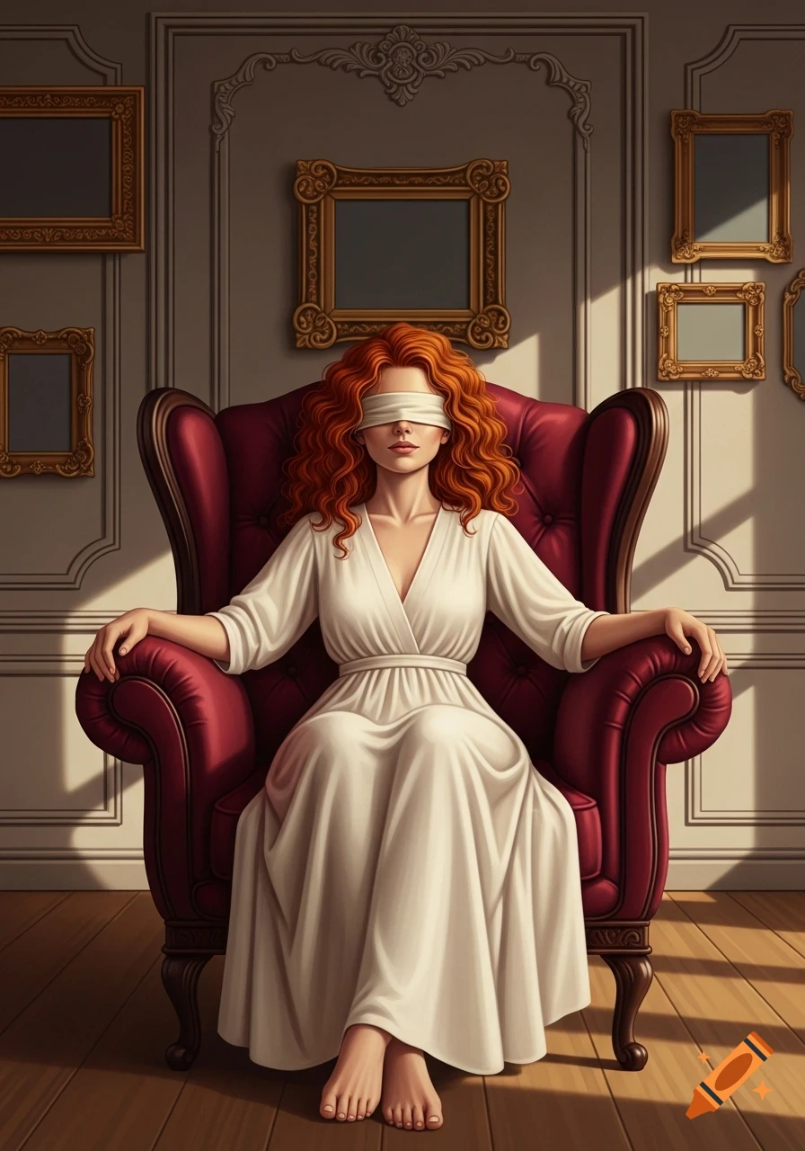 Blindfolded redhead woman in a white dress sitting in a red lounge chair in an ornate room.