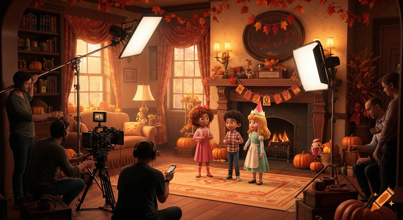 Behind-the-scenes of a Thanksgiving movie set with three animated children, crew, cameras, and fall decorations in a cozy living room.