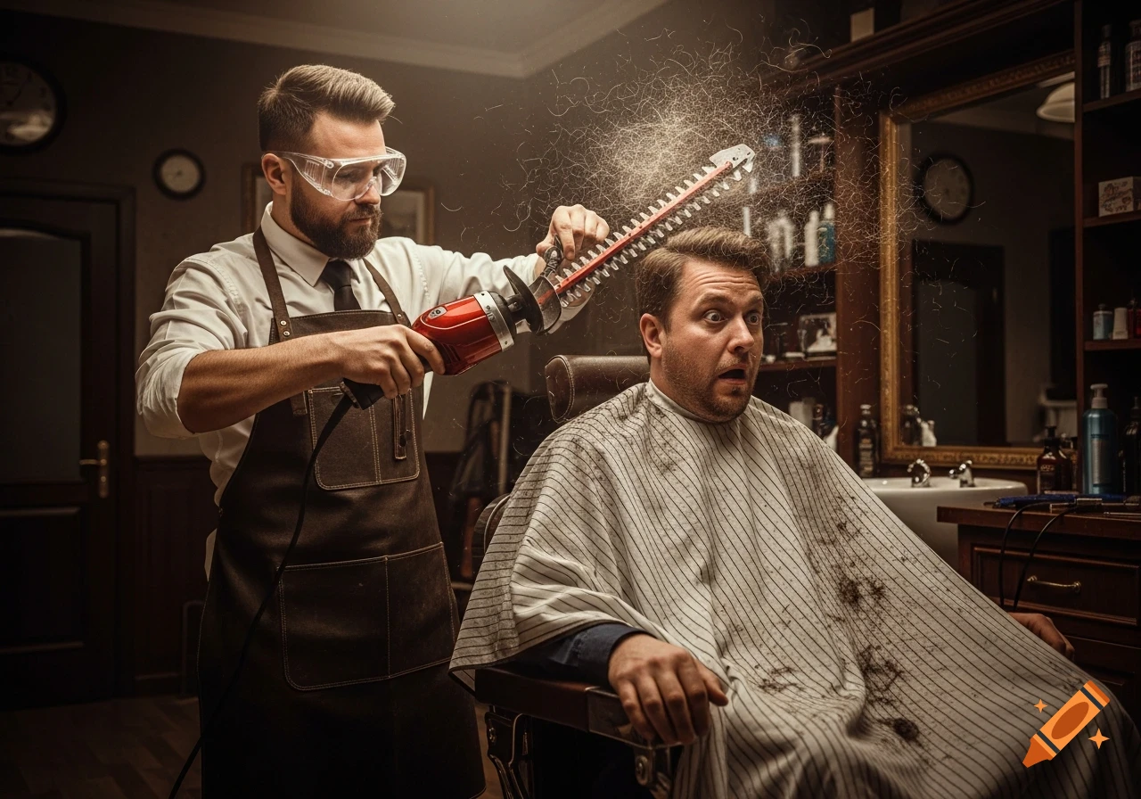 A serious barber in safety glasses and an apron uses a large hedge trimmer to cut a terrified client's hair, sending hair flying in a photorealistic scene.