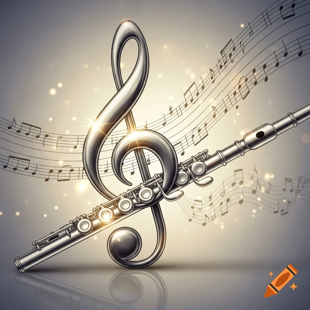 Metallic treble clef intertwined with a silver flute, against a background of musical notes and sparkling lights.