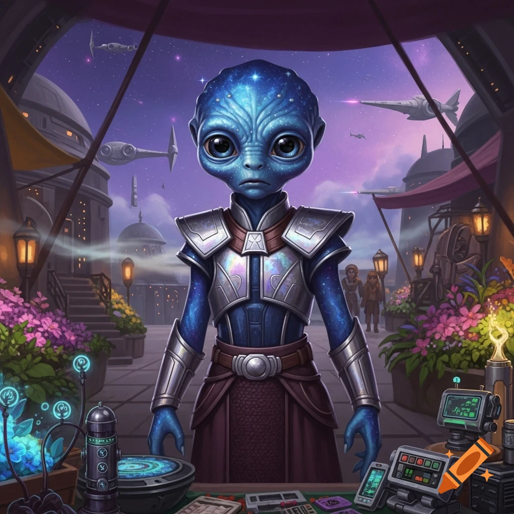 A blue, large-eyed alien in futuristic armor stands at a market stall under a starry sky with spaceships flying overhead. Sci-fi art.