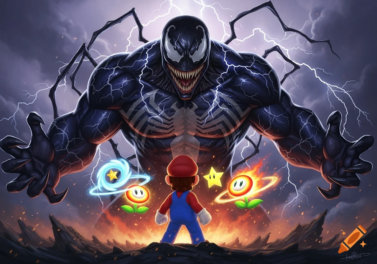 Mario stands against a giant, menacing Venom under a stormy, lightning-filled sky, with power-ups beside him.