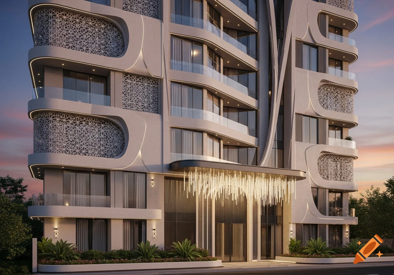 Modern apartment building facade with flowing curves, intricate patterns, and warm lighting at dusk, showing balconies and entrance.