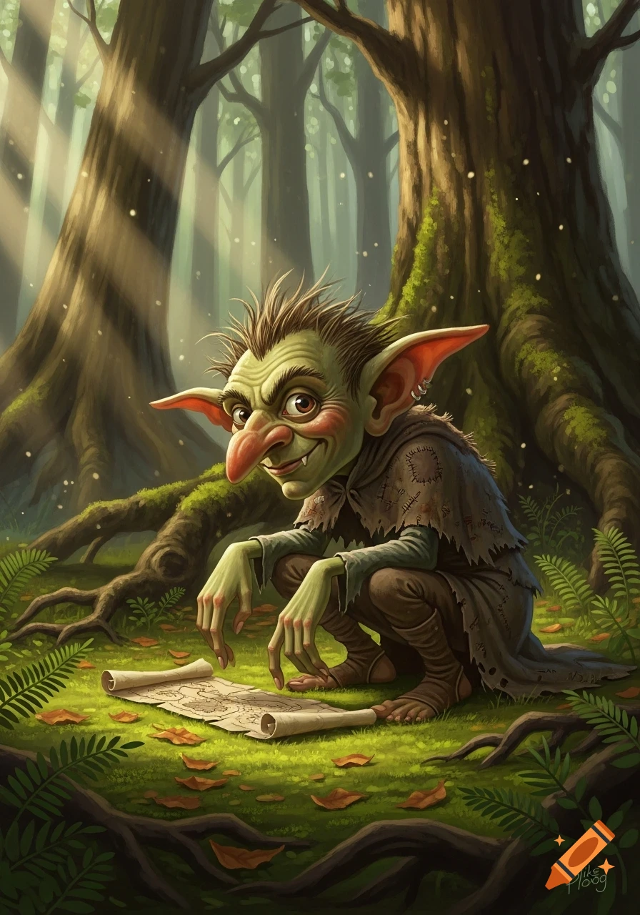 A green-skinned goblin with a long nose and pointy ears squats in a forest, examining a rolled-out map on the mossy ground, in a fantasy illustration style.