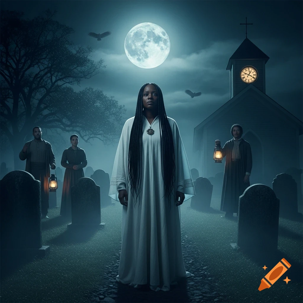Photorealistic image of an African-American woman in a white dress with long braids, in a foggy graveyard at night under a full moon. Two figures hold lanterns, a church stands nearby.