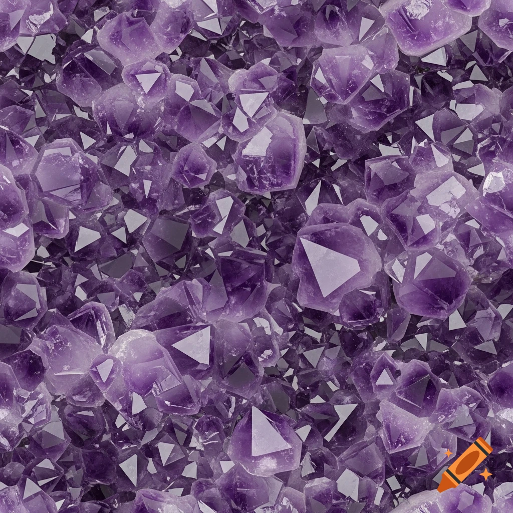 Close-up of vibrant purple amethyst crystals with sharp, angular facets and light reflections.