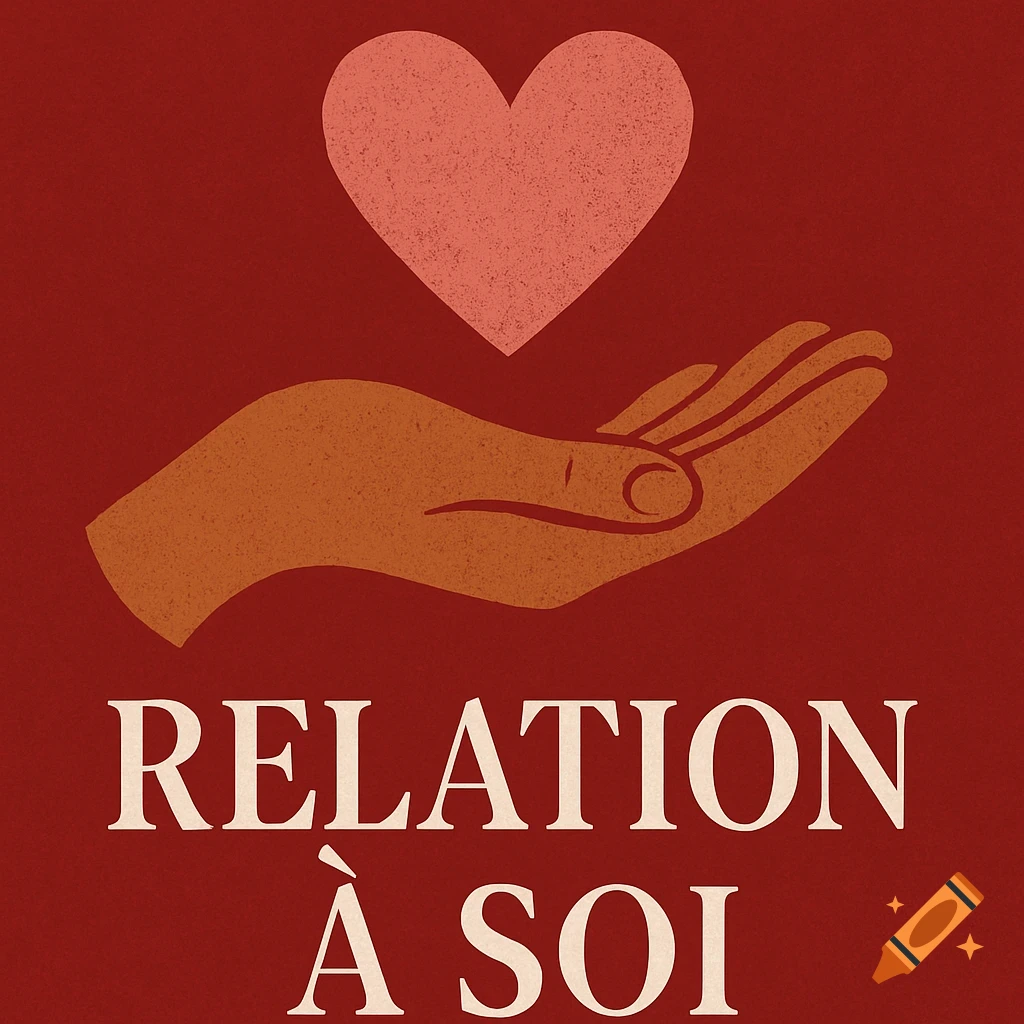 A textured illustration on a deep red background shows an open brown hand holding a pink heart above the text 'RELATION À SOI'.