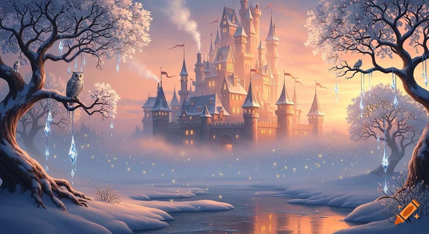 A fairytale winter landscape with a grand castle, snow-covered trees, owls, a frozen river, and sparkling lights under an orange sky.