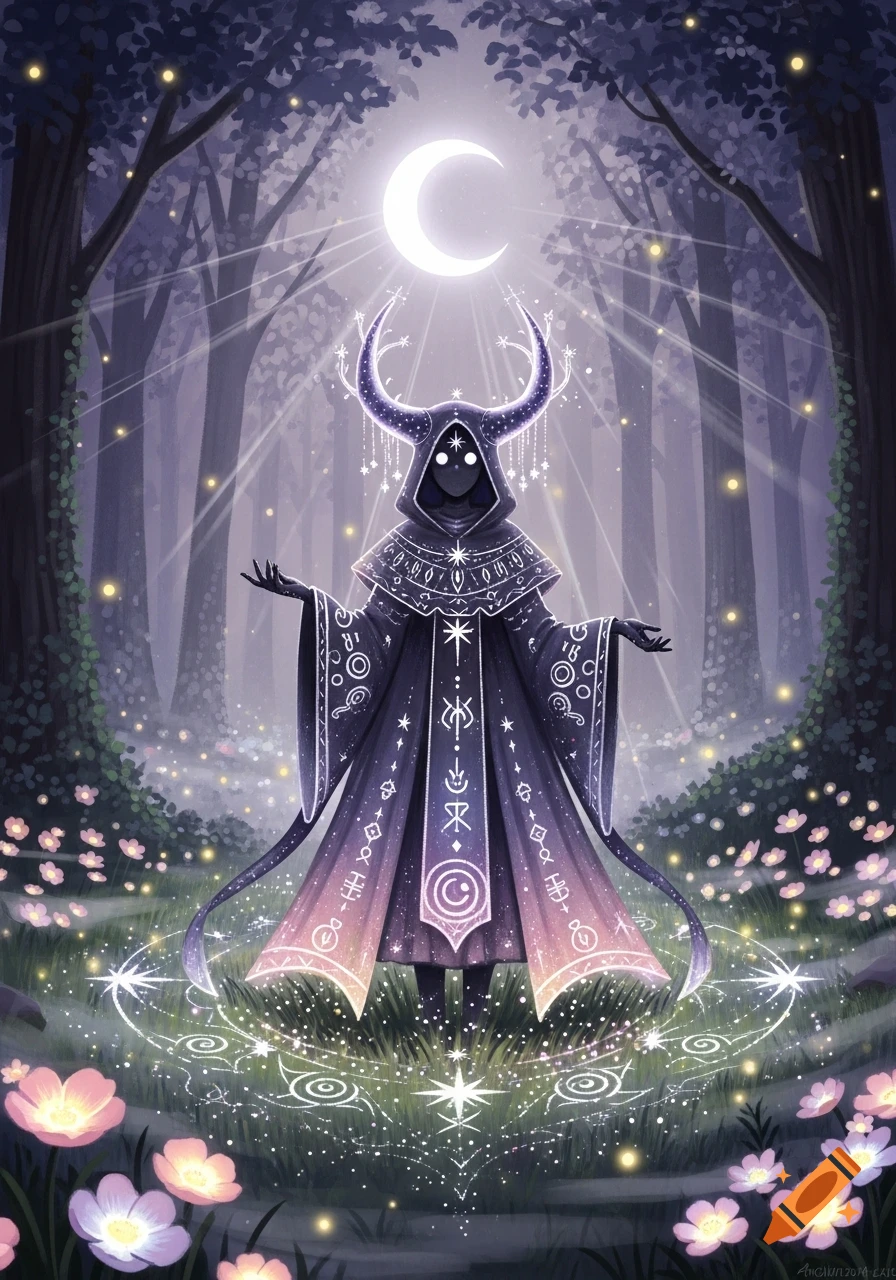 A mystical cloaked figure with glowing horns and eyes stands in an enchanted forest under a crescent moon, surrounded by glowing symbols.