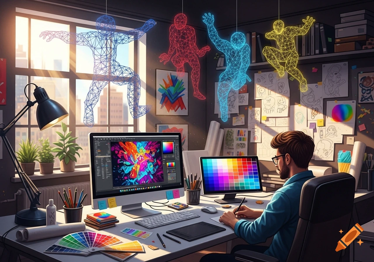 A graphic designer works at a bright desk with dual monitors, colorful artwork, and design tools, with glowing wireframe figures overhead.
