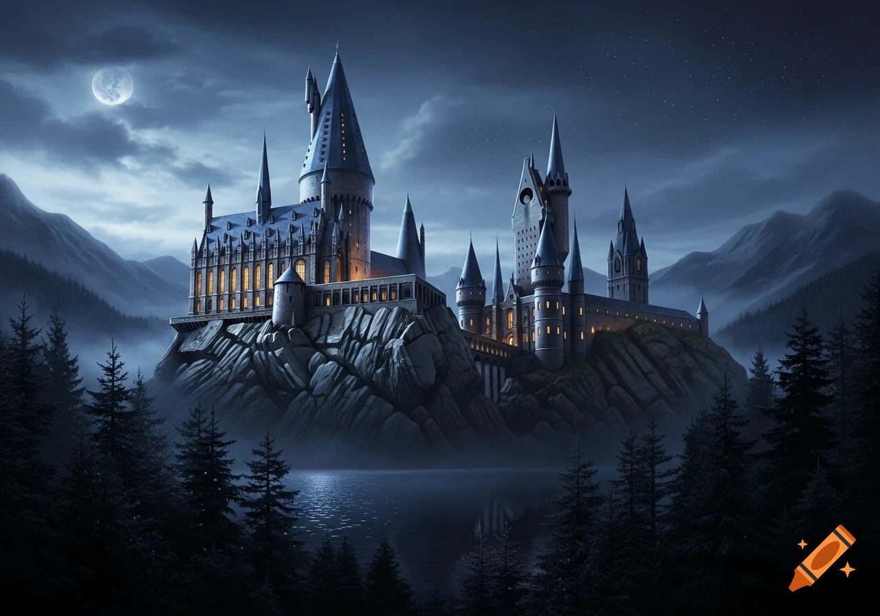 A grand, gothic fantasy castle with many spires sits on a rocky cliff ...