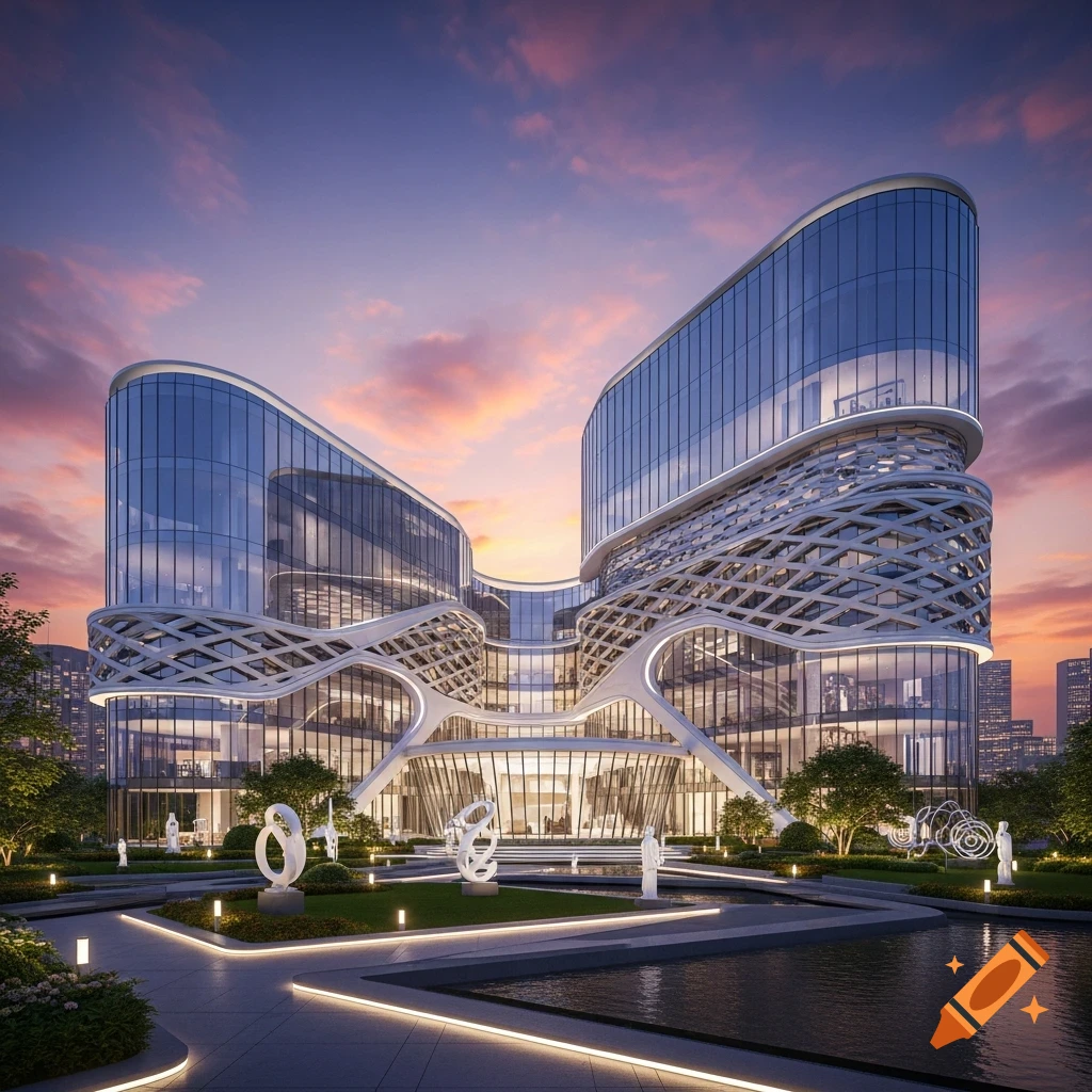 Photorealistic 3D render of a futuristic glass building with a wavy facade and landscaped plaza at sunset.