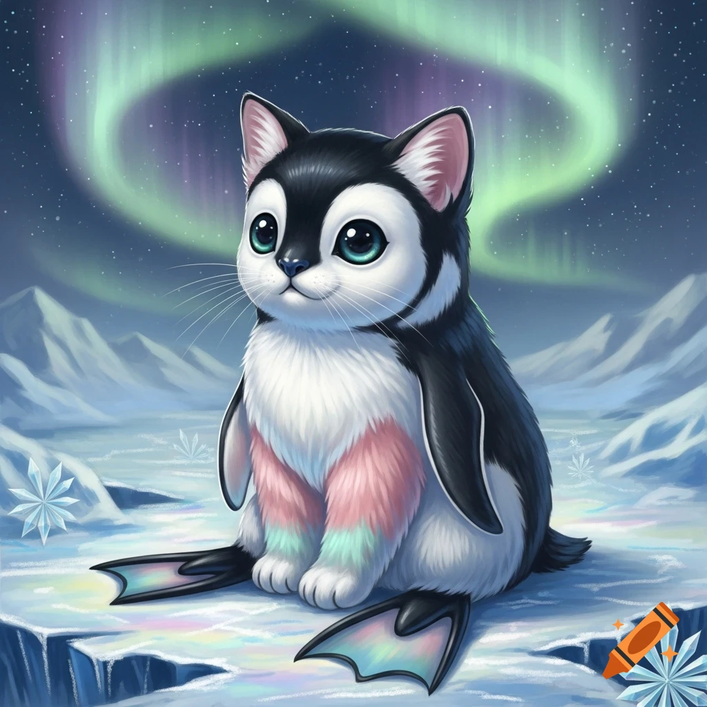 A cute, stylized cat-penguin hybrid with big eyes sitting on an ice floe under the aurora borealis.