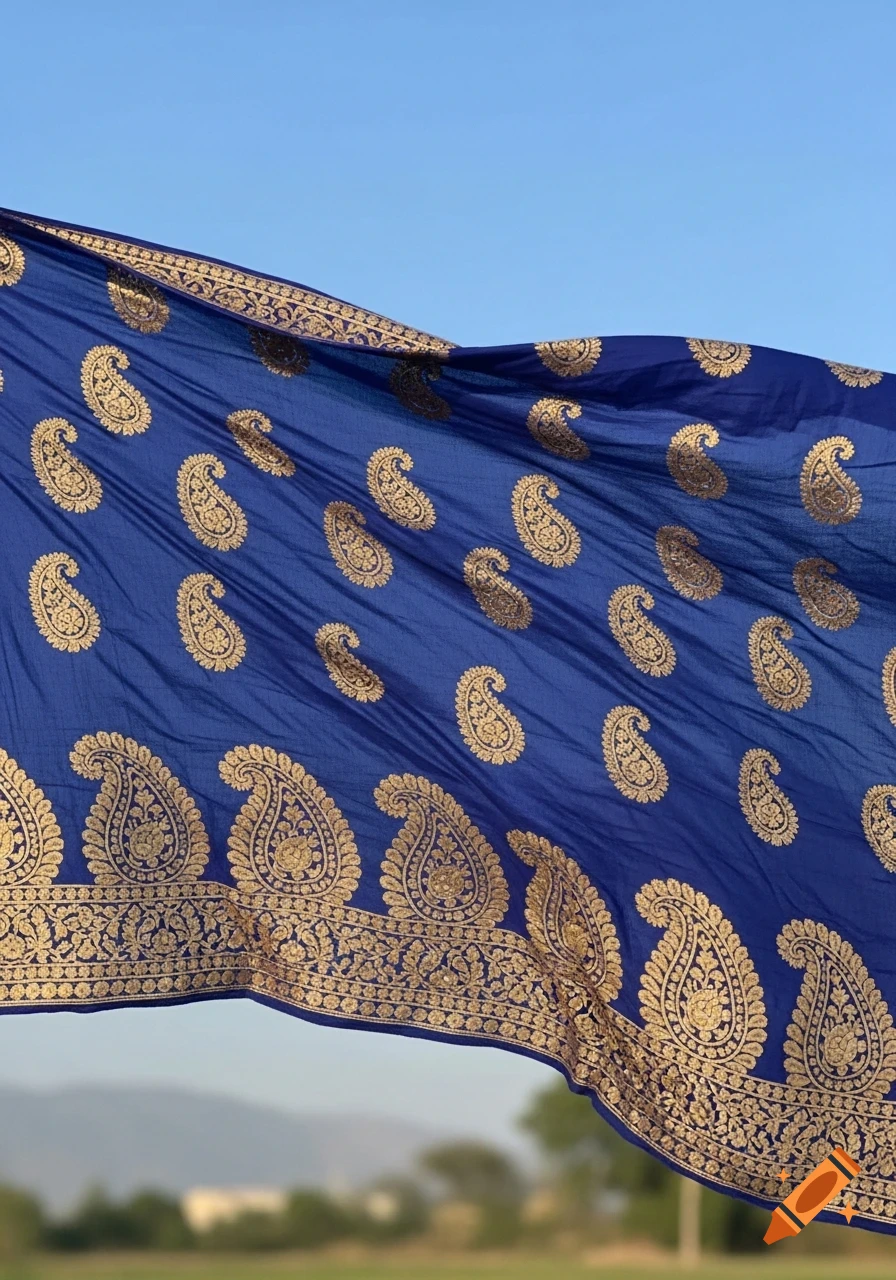 A blue dupatta with intricate gold paisley designs billows in the wind against a clear blue sky and blurry green landscape.