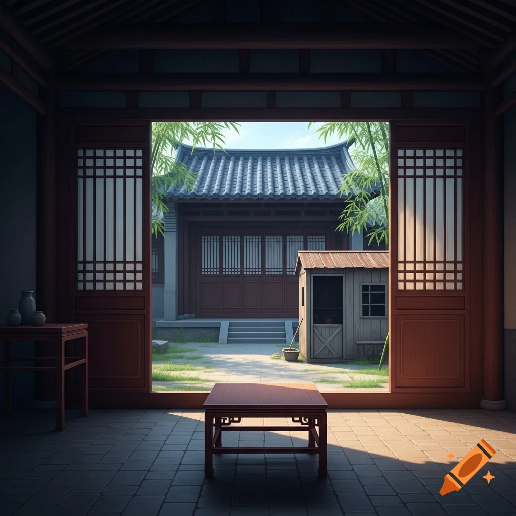 View from inside a traditional Chinese house, looking out to a courtyard with a blue-tiled building, a small shed, and bamboo.