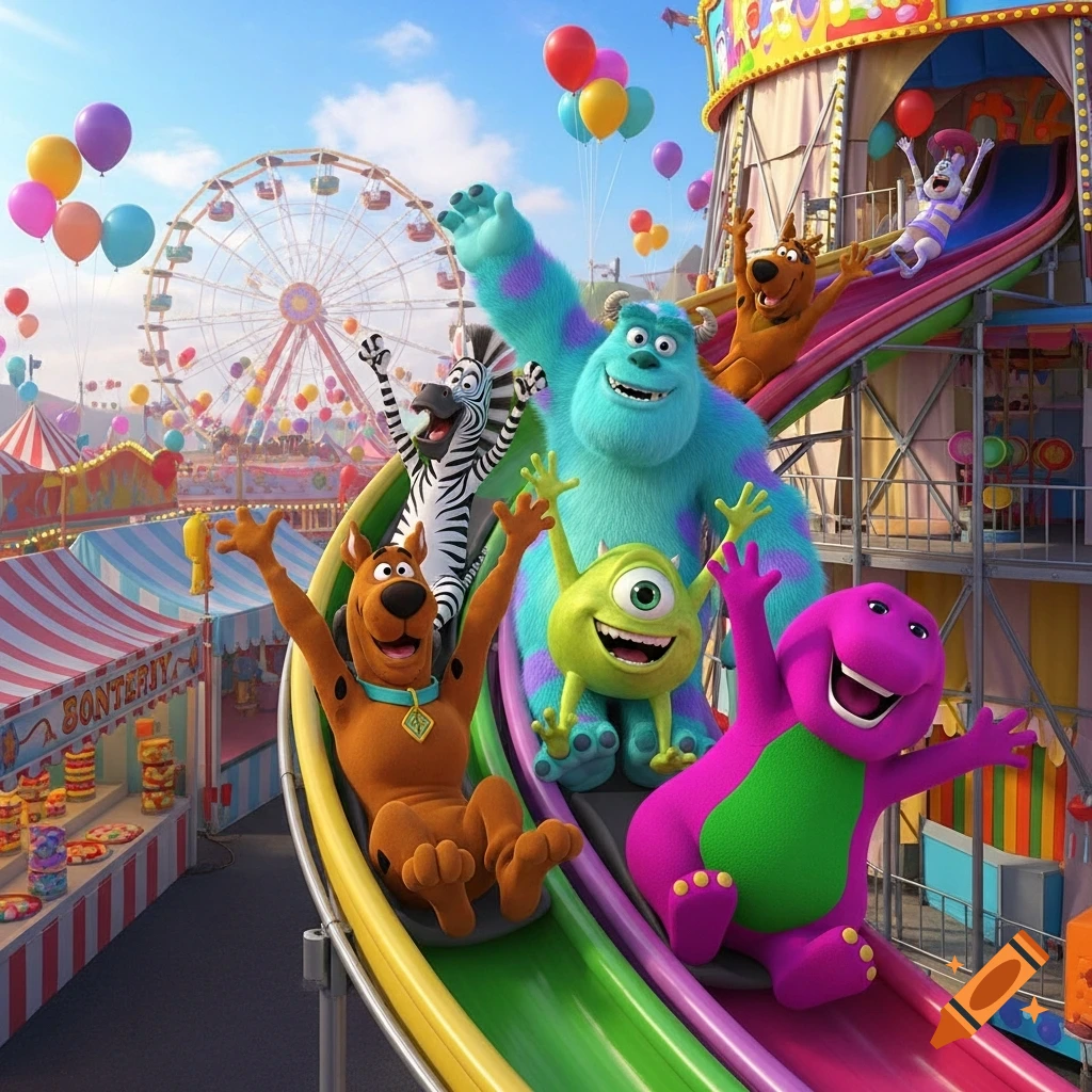Scooby Doo, a zebra, Sulley, Mike Wazowski, and Barney slide down a colorful helter-skelter at a funfair, 3D animated style.