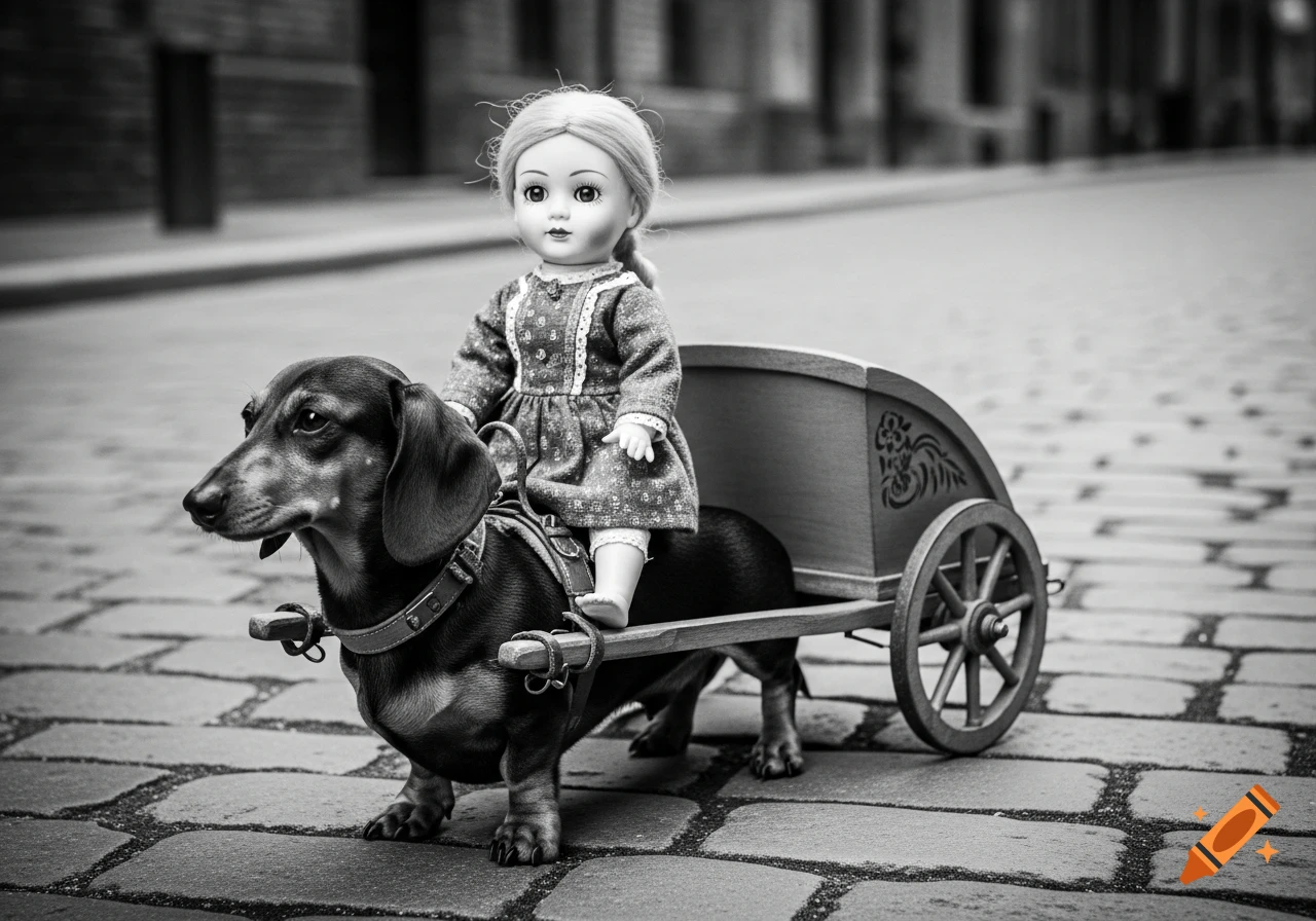 A black and white photo of a doll sitting on a dachshund dog, harnessed to a wooden chariot on a cobblestone street.