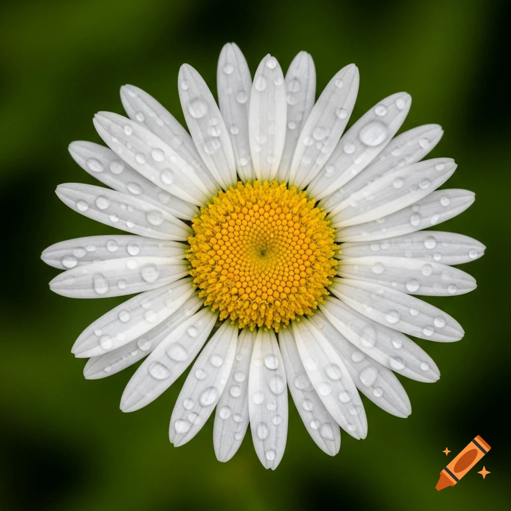 Close-up photo of a white daisy with a yellow center covered in water droplets against a dark green background.
