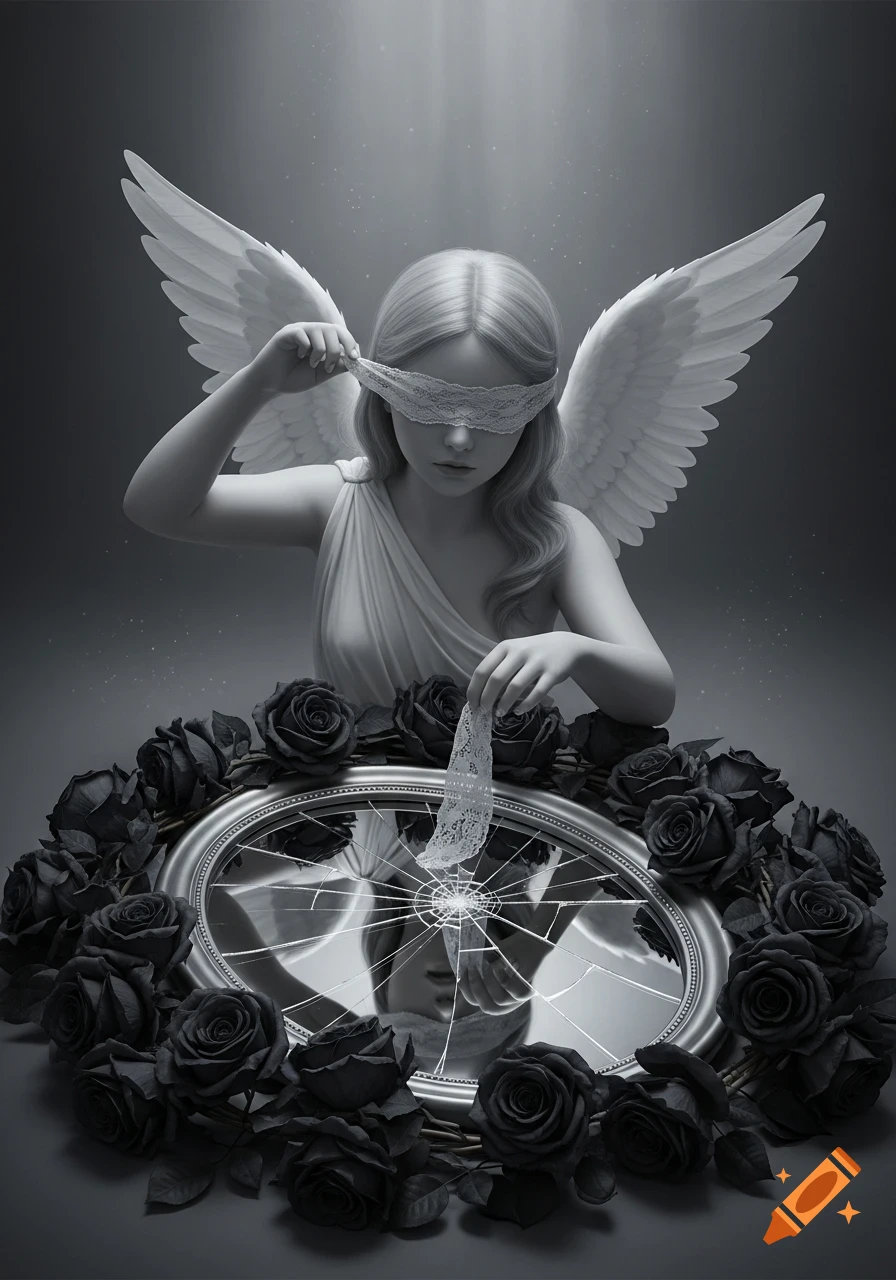 Grayscale image of an angel with wings, blindfolded by lace, looking at a broken mirror surrounded by black roses.