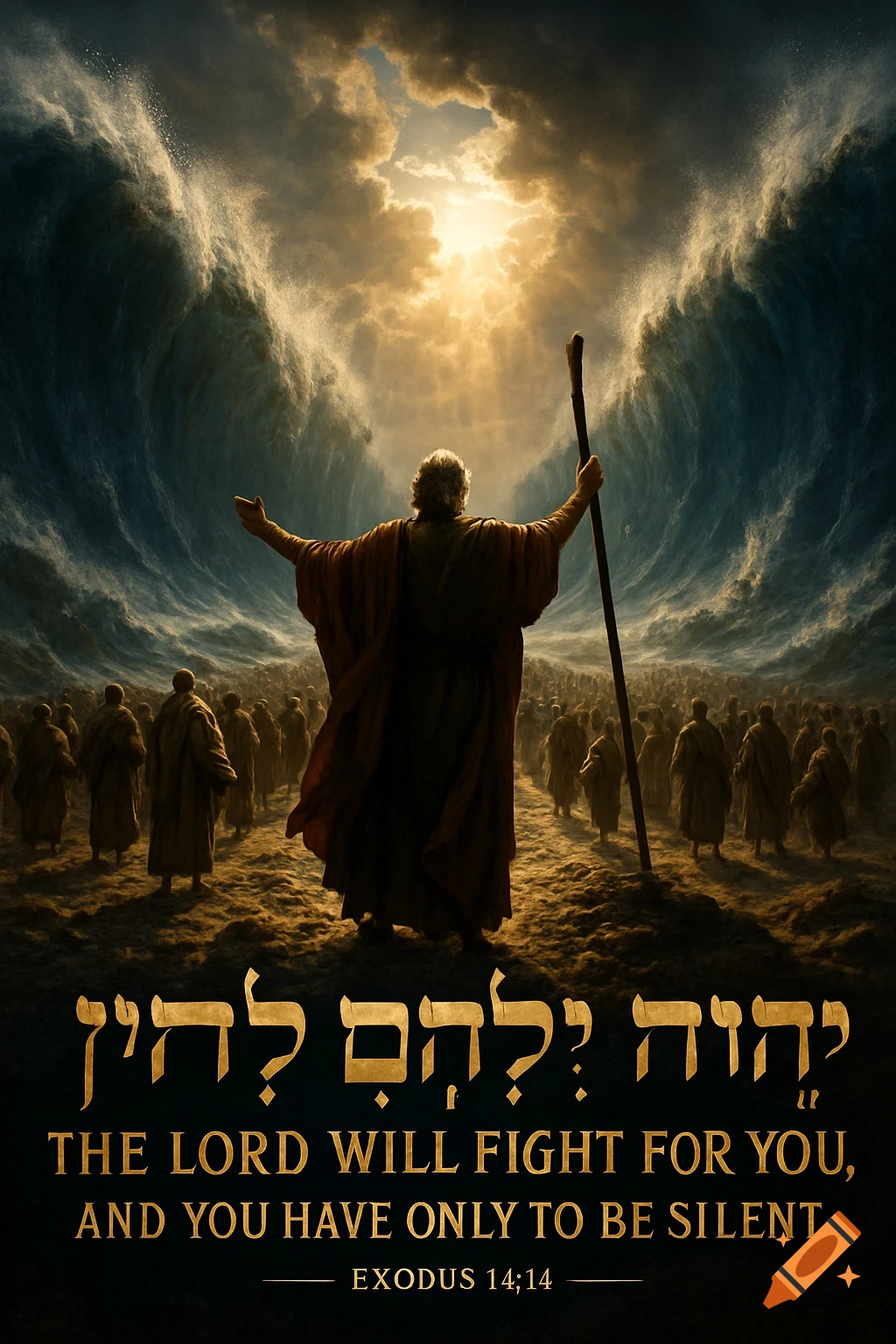 Photorealistic depiction of Moses parting the Red Sea, towering water walls, golden light, Israelites on dry seabed, Exodus 14:14 text.