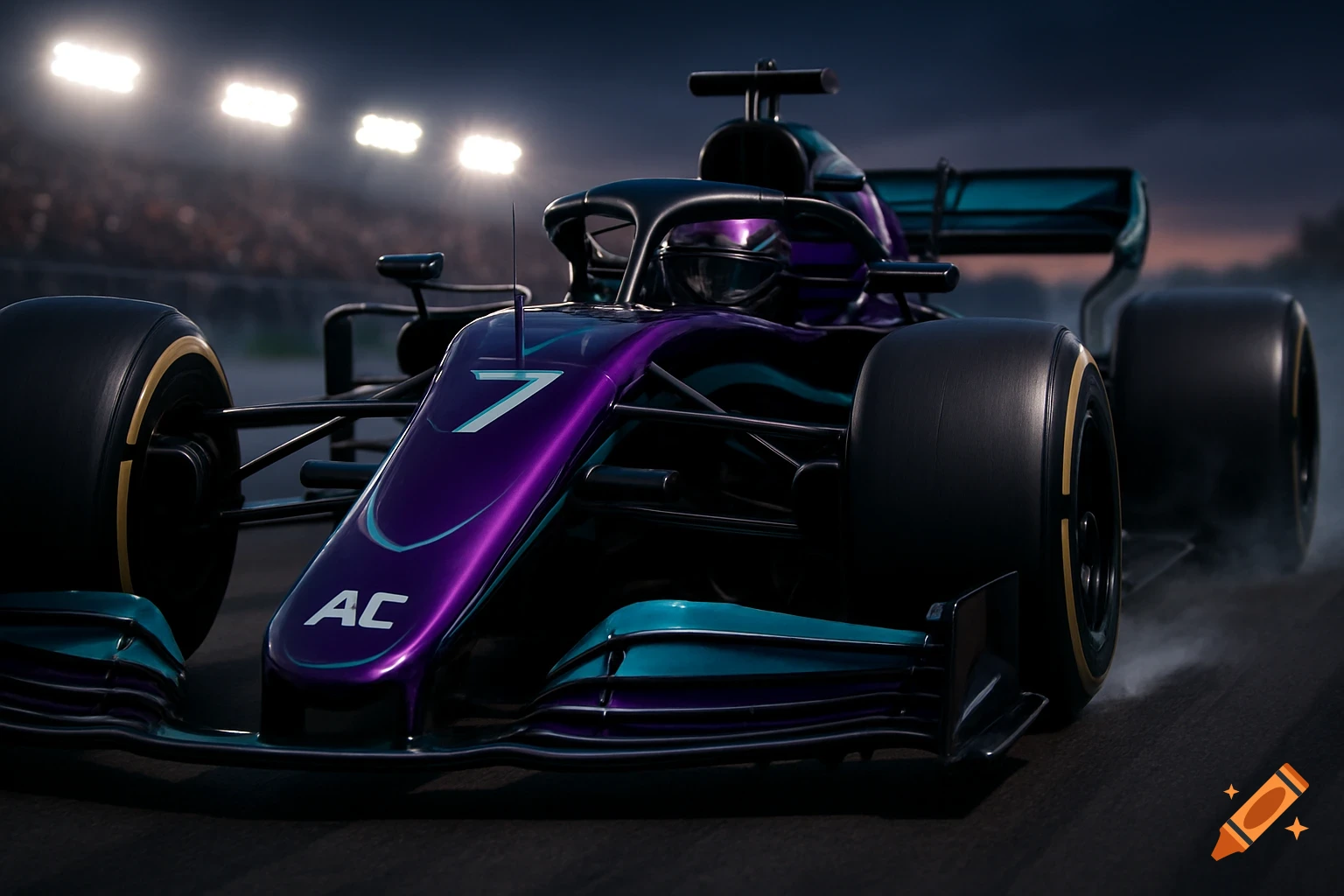 Hyperrealistic shot of a purple and teal Formula One car with 'AC' and '7' on its front, on a track at night under bright stadium lights.