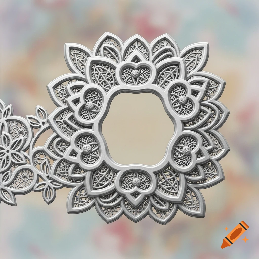 A detailed silvery CNC-style floral frame with intricate mandala patterns against a soft, blurred background.