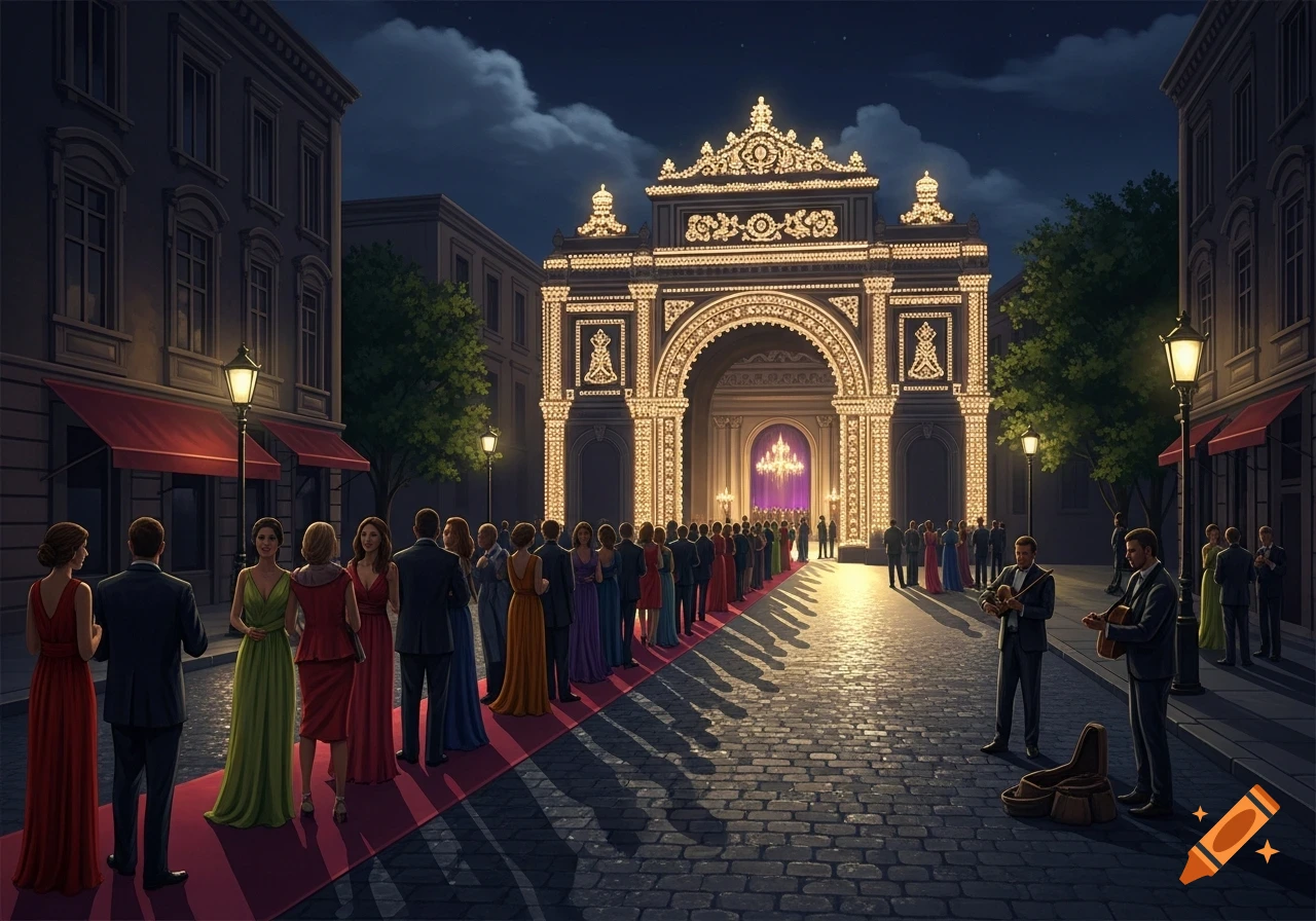 A long line of people in formal attire on a red carpet leading to an ornate, brightly lit archway at night.