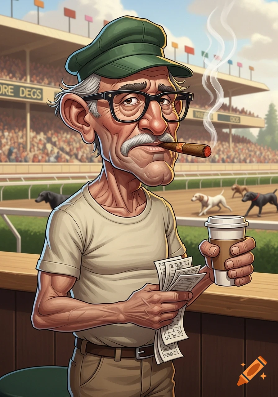 A cartoon caricature of an elderly man with a green cap, glasses, and a cigar, holding betting slips and coffee at a dog racing track.