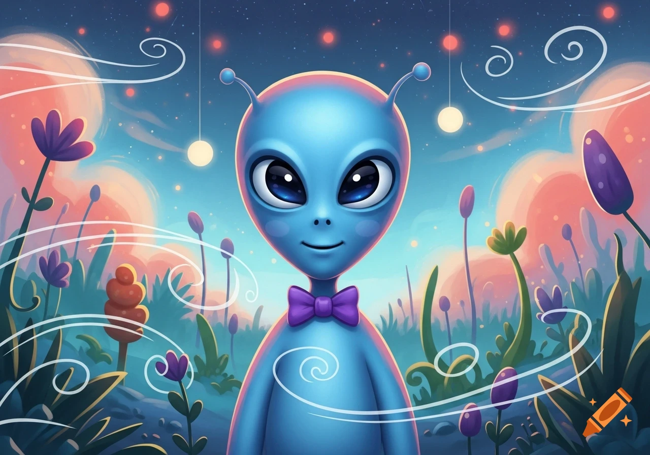 A friendly blue alien with a purple bow tie stands in a whimsical field of colorful plants under a starry sky.