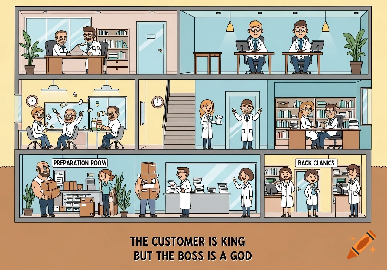 Cartoon illustration of a multi-floor pharmacy showing staff, bosses, and a preparation room, with text 'THE CUSTOMER IS KING BUT THE BOSS IS A GOD'.