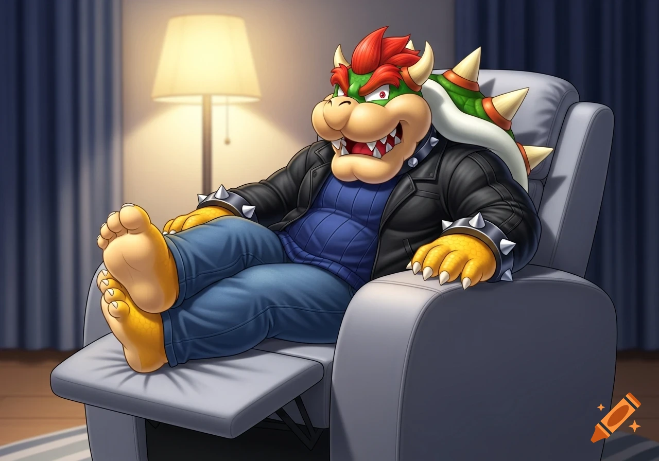 Bowser, wearing a black jacket and blue jeans, reclines in a gray chair with his bare feet up, under a warm lamp.
