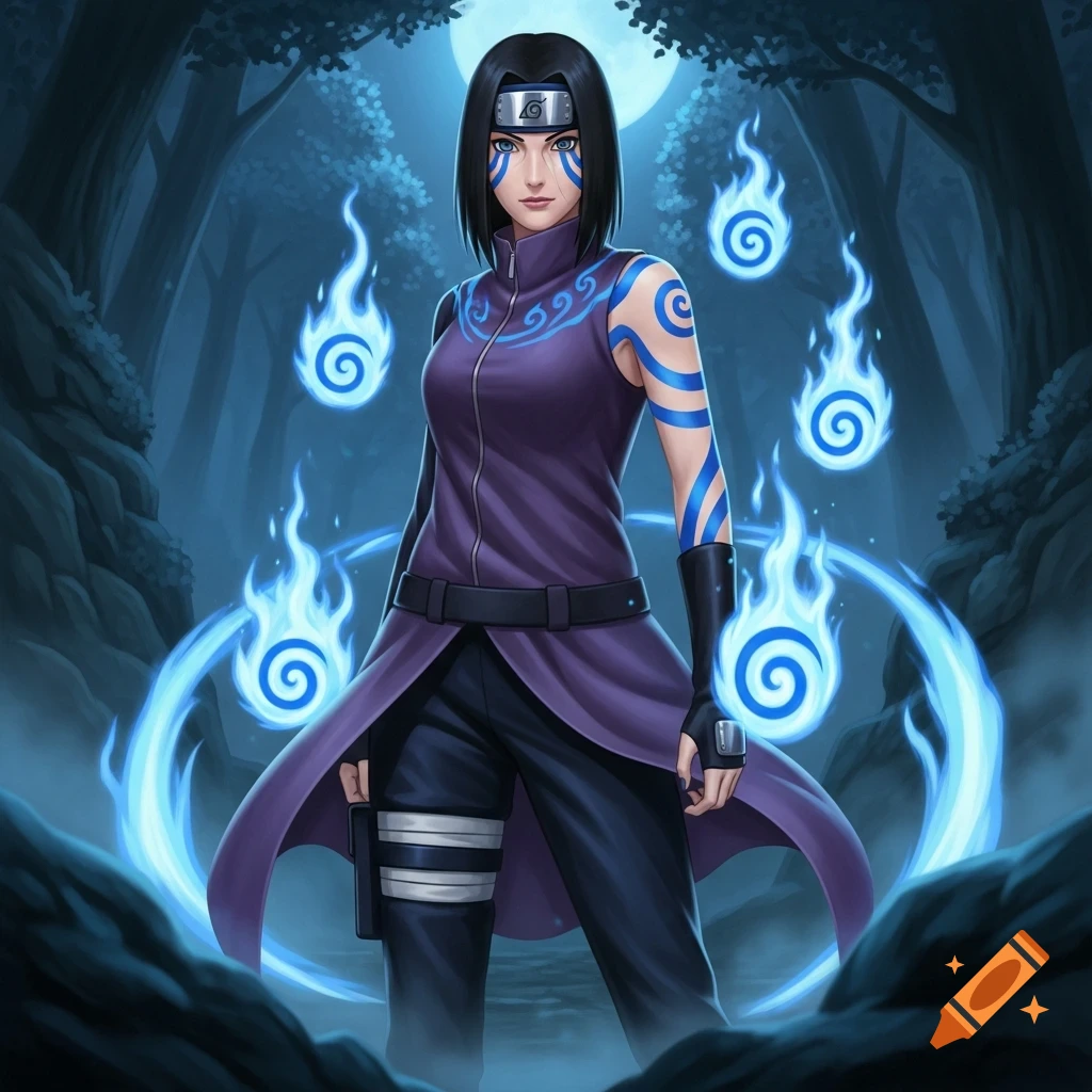 An anime character with black hair and blue facial markings, wearing a purple outfit, stands in a dark forest surrounded by blue flames under a full moon.