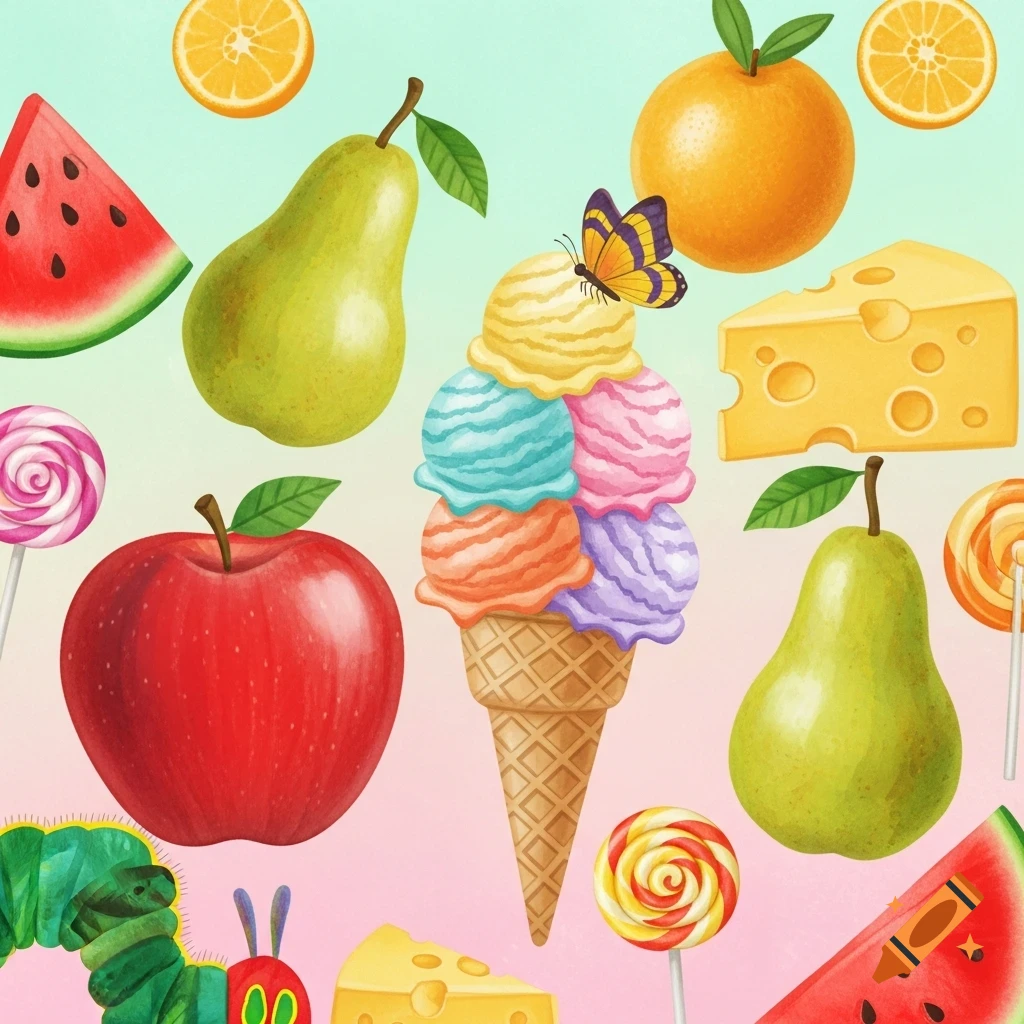 Stylized illustration of a variety of colorful food items, an ice cream cone with a butterfly, and a caterpillar, on a gradient background.