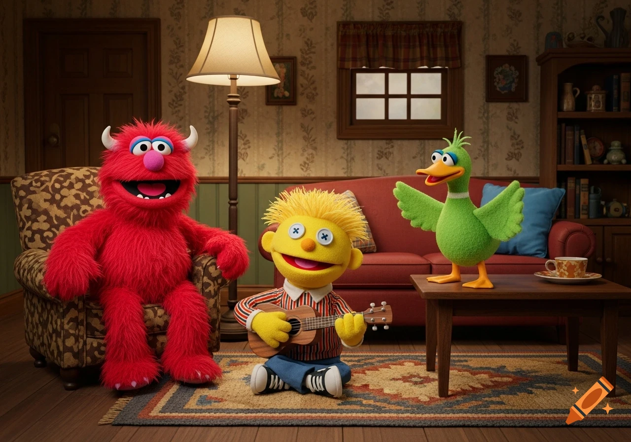 A red monster, a yellow boy puppet playing ukulele, and a green duck puppet in a cozy living room.