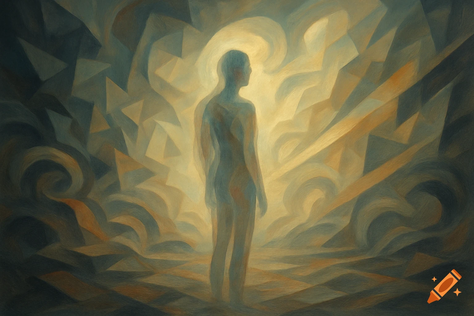 An abstract painting of a translucent human figure standing against a ...
