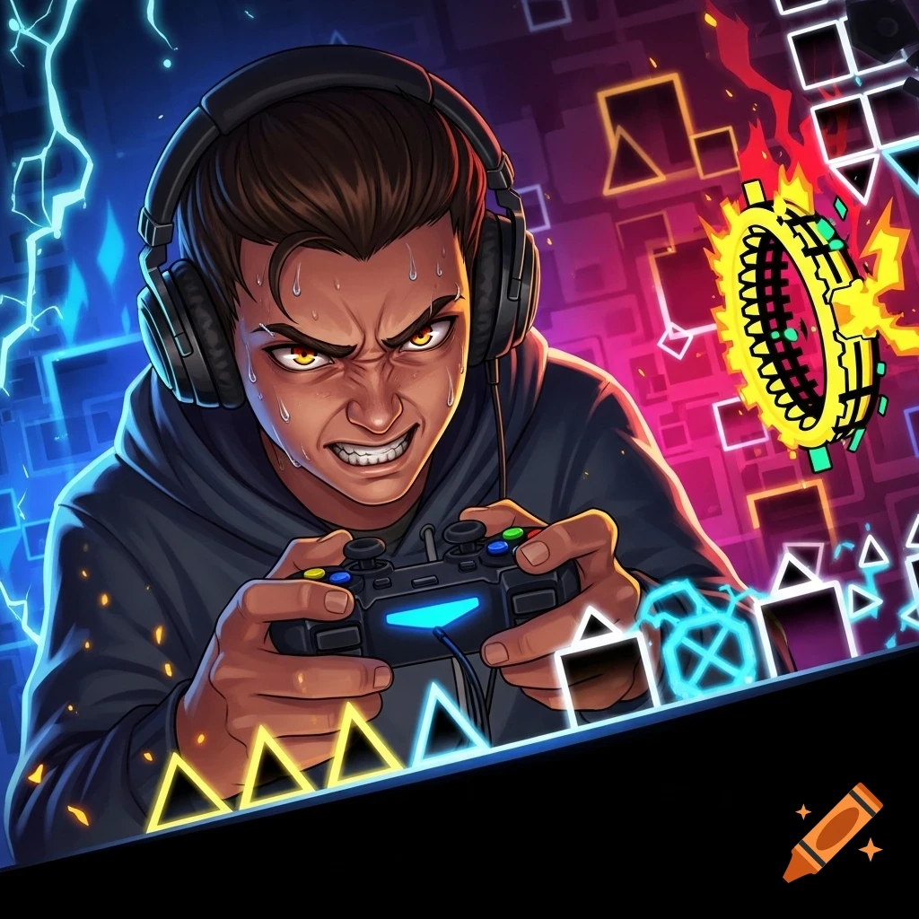 A determined gamer with headphones intensely holds a controller, surrounded by abstract glowing geometric shapes and lightning effects in a stylized digital art style.