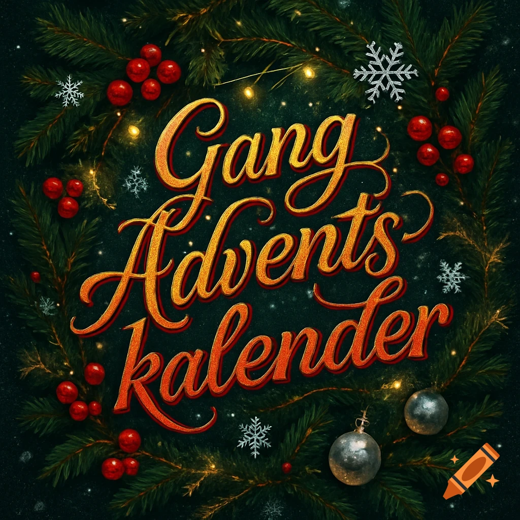 Festive Christmas wreath with red berries, pine needles, snowflakes, and ornaments surrounding the words 'Gang Adventskalender' in a decorative golden font.