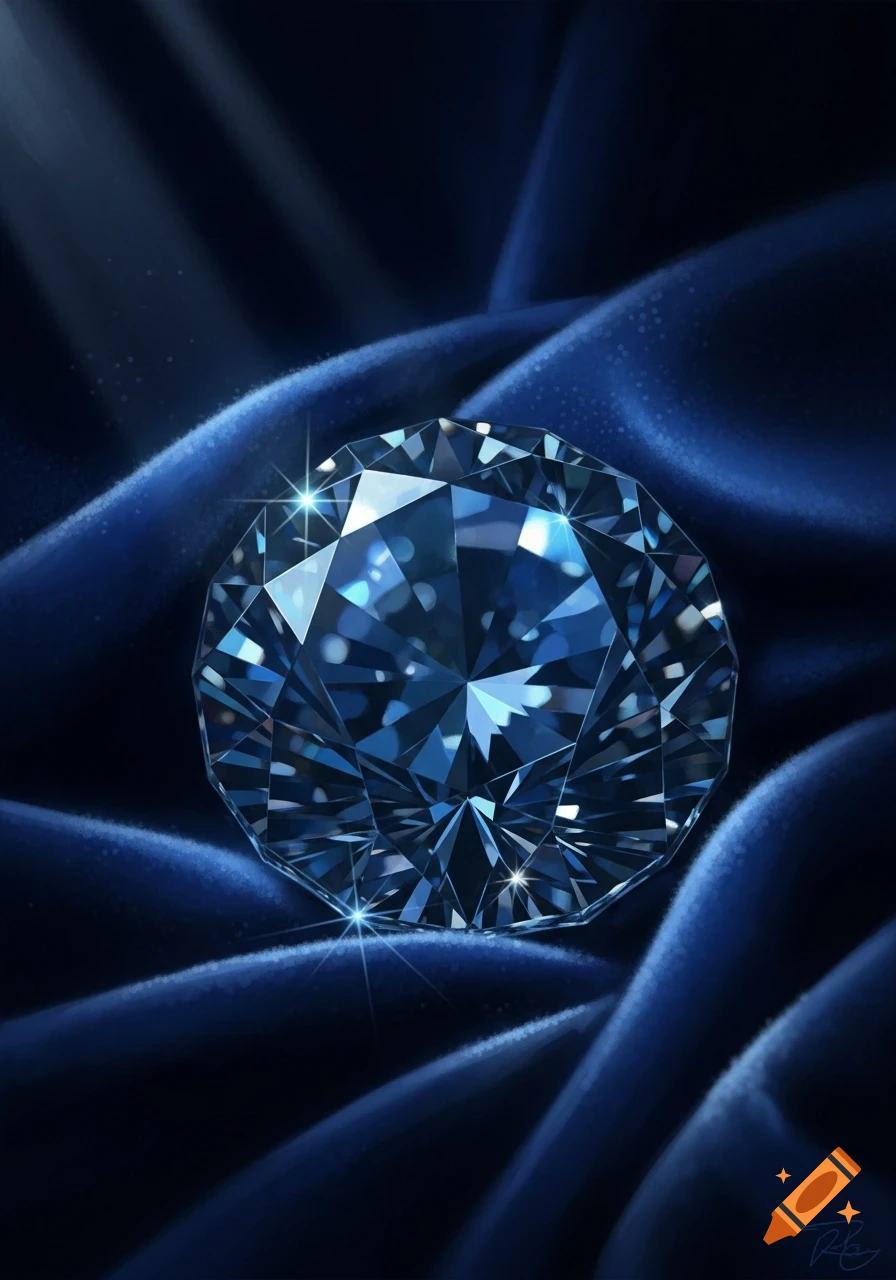 A sparkling blue diamond gemstone rests on elegant dark blue satin fabric, illuminated by soft light.